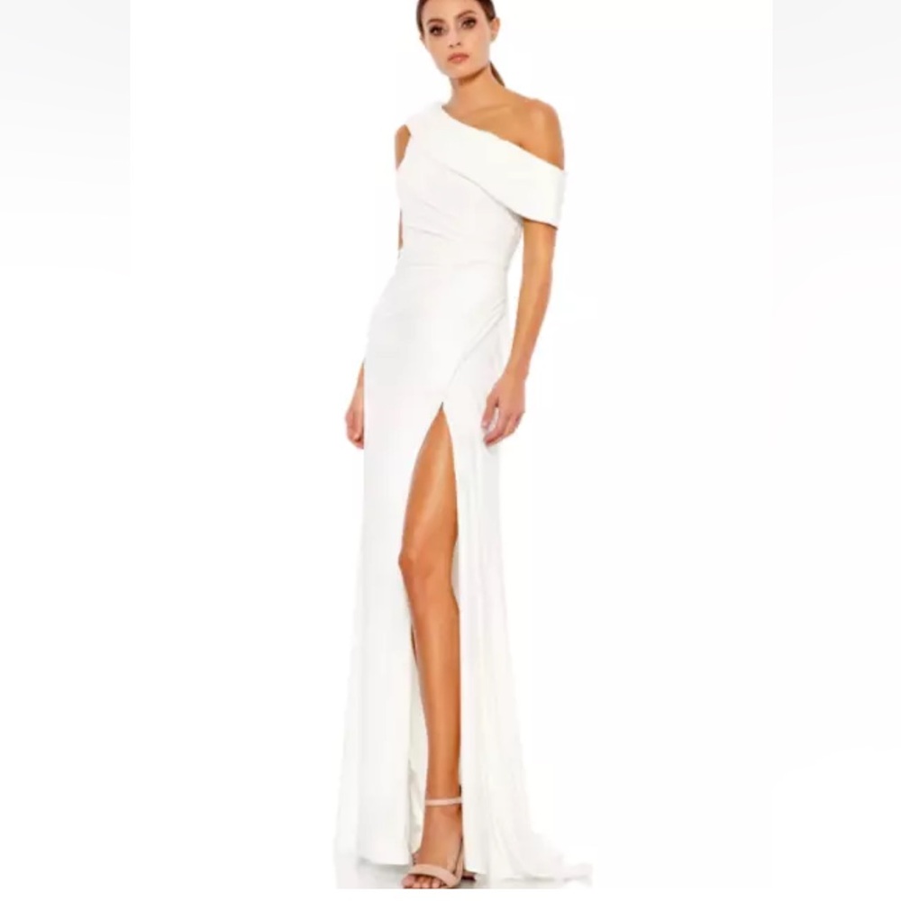 IEENA MAC DUGGAL 26517 White Foldover Asymmetric Ruched High Slit Jersey Gown 8